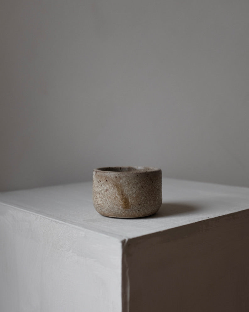 Sake cup — brown speckled cream