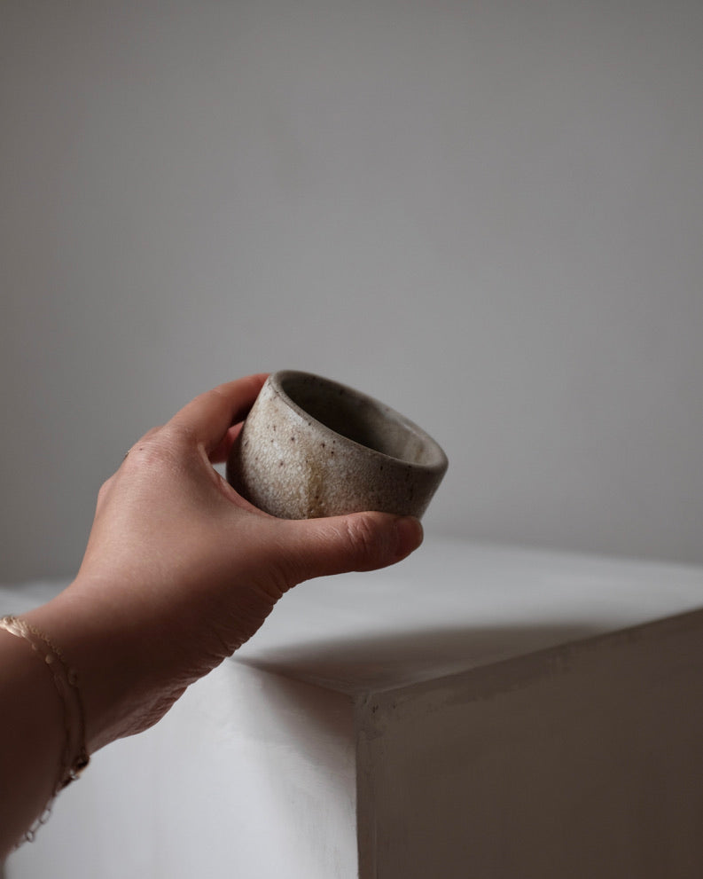 Sake cup — brown speckled cream